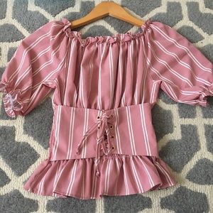 pink striped off shoulder blouse